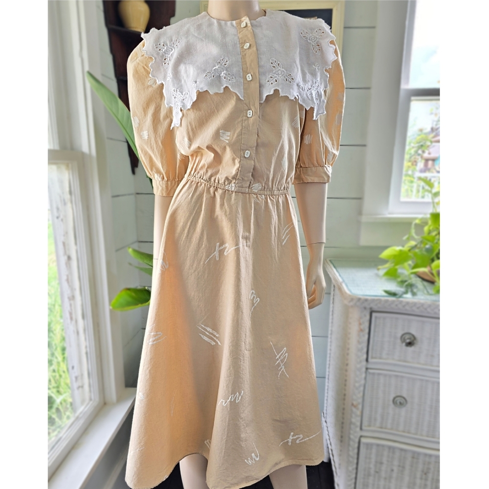 vintage 1980s Patty O'Neil peachy tan Pilgram collar dress w/shoulder pads